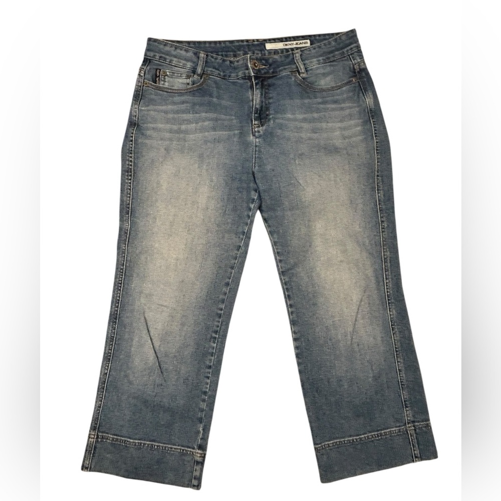 DKNY Soho Women’s Cropped Cuff Embroidered Pocket Jeans 12 Whiskered High Ankle
